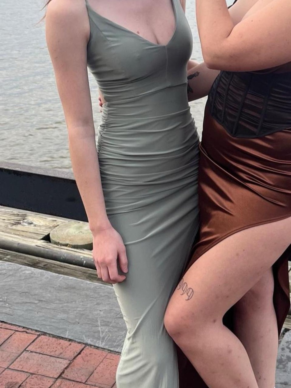 Sage Green Ruched Maxi Dress with Side Slit